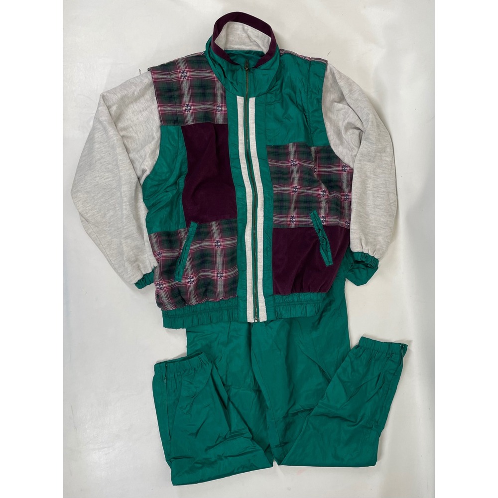 Vintage Lavon Tracksuit Set Small Teal Plaid Patchwork Velvet 90s Windbreaker